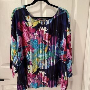 Soft Surroundings Womens Rayon Boat Neck‎ Floral Striped Boxy Top 1X Art To Wear